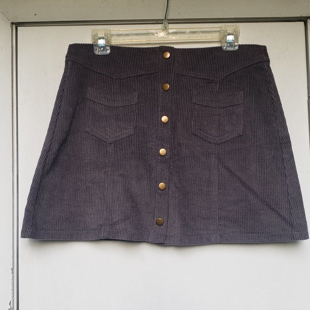 Grey Corduroy Skirt with Brass Snaps